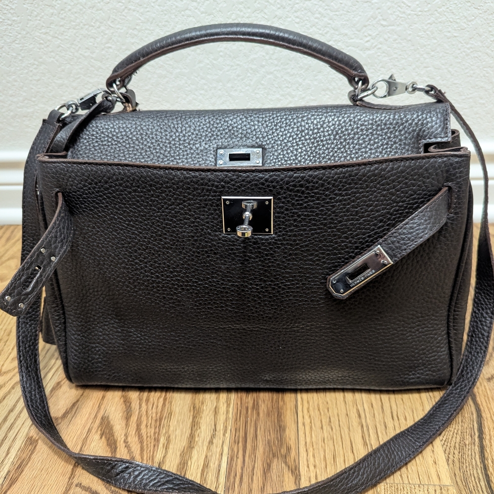 Dark Brown Pebbled Leather Top-Handle Crossbody Bag Kelly Inspired
